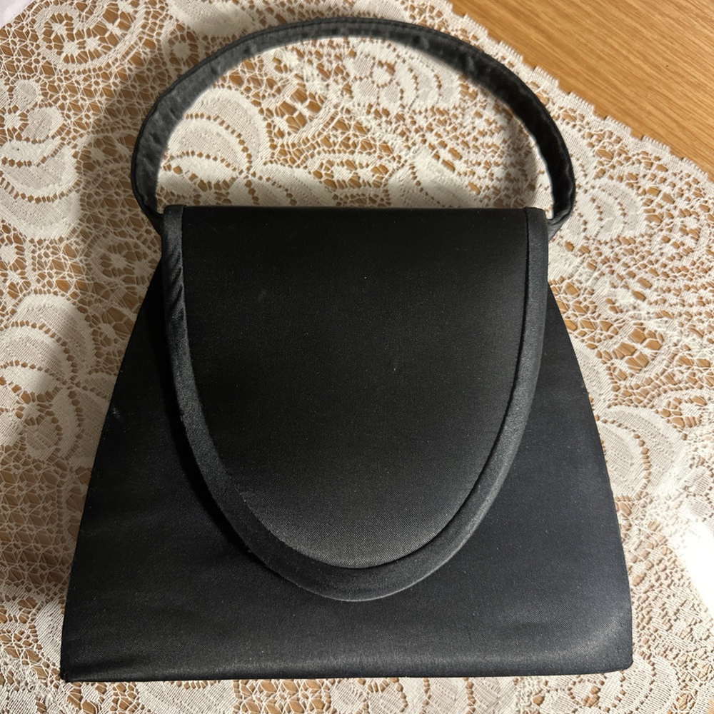 Vtg Vanessa Paris New York London Black Satin Purse Handle Handbag Snap Cord